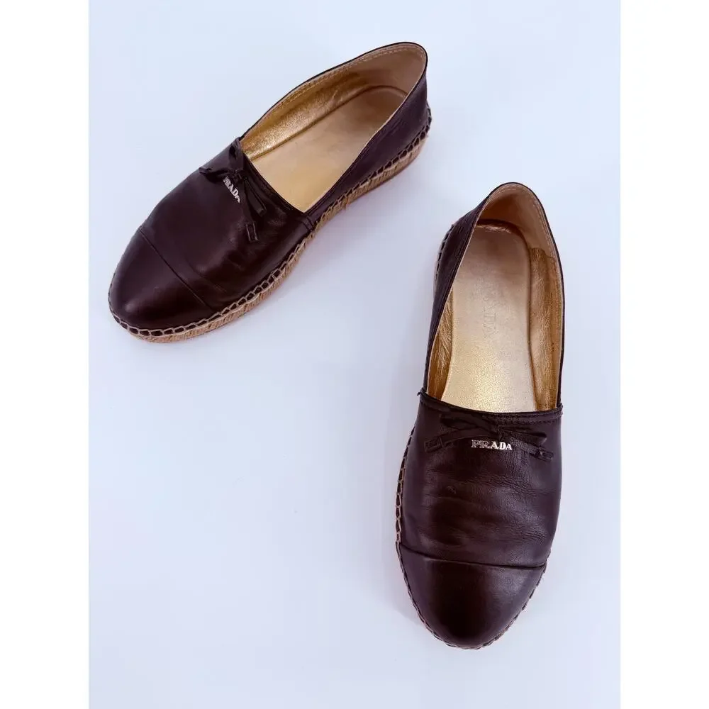 Prada Black Leather Cap Toe Espadrille Bow Ballerina Jute Slip On Flats 39